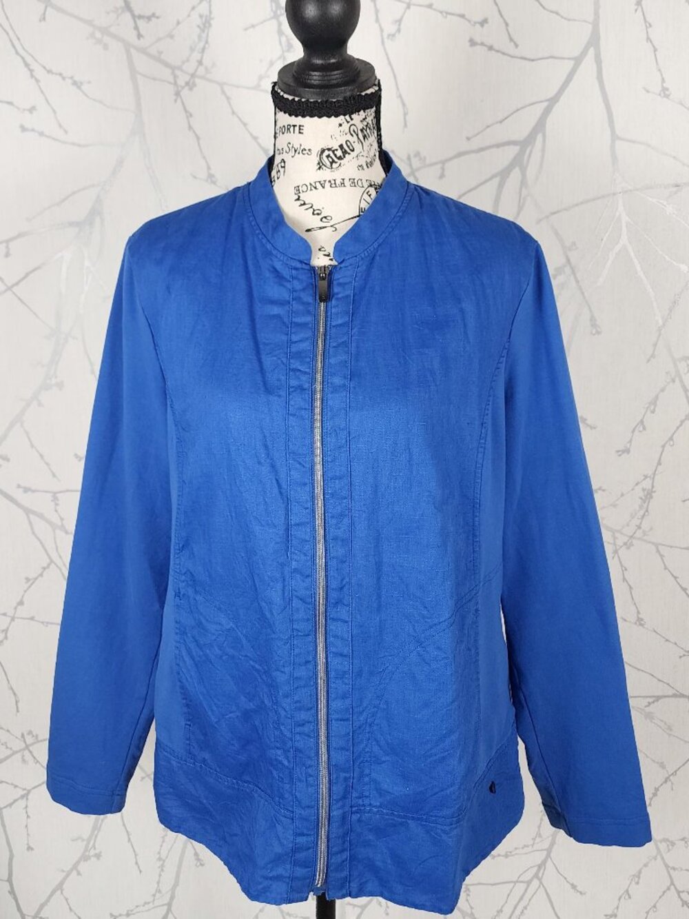 Olsen Blue Linen Cotton Jersey Full Zip Mandarin Collar Jacket